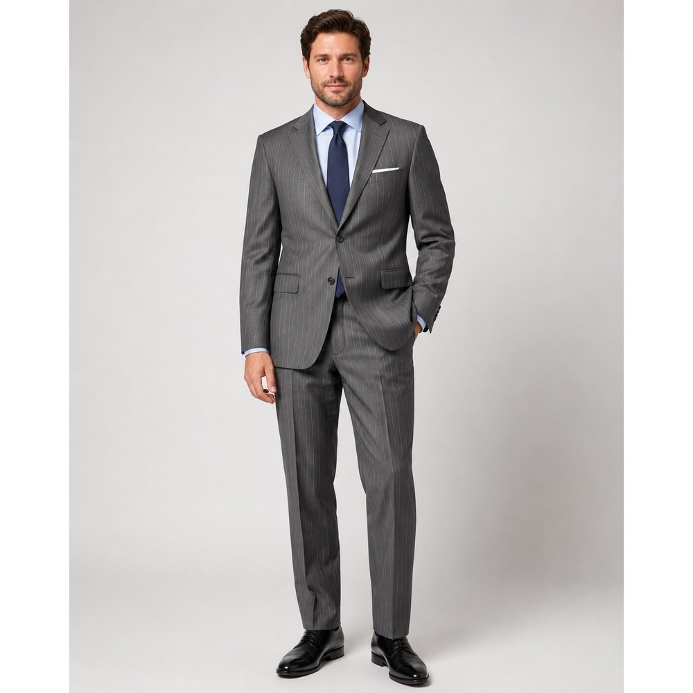 Mantoni Mens 2 Piece Suit 46R 40W Charcoal Grey Pinstripe 100% Virgin Wool NWT